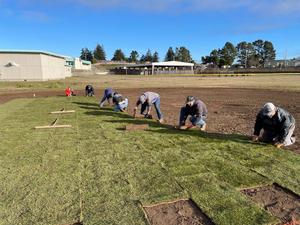 Volunteers laying sod