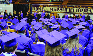 The Marshfield High School Class of 2023 listens to the concert choir sing during commencement ceremonies Saturday.