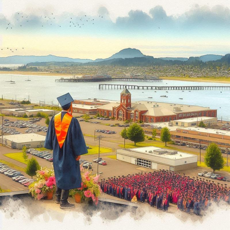 graduate standing on hill above the bay