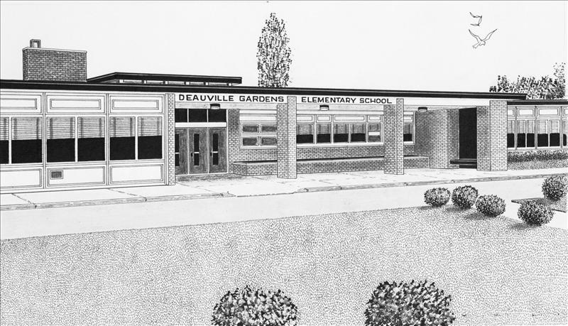 Grayscale drawing of DGW school building