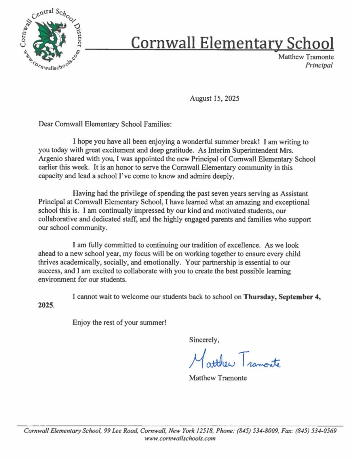 Mr. Tramonte's welcome letter 2025-26
