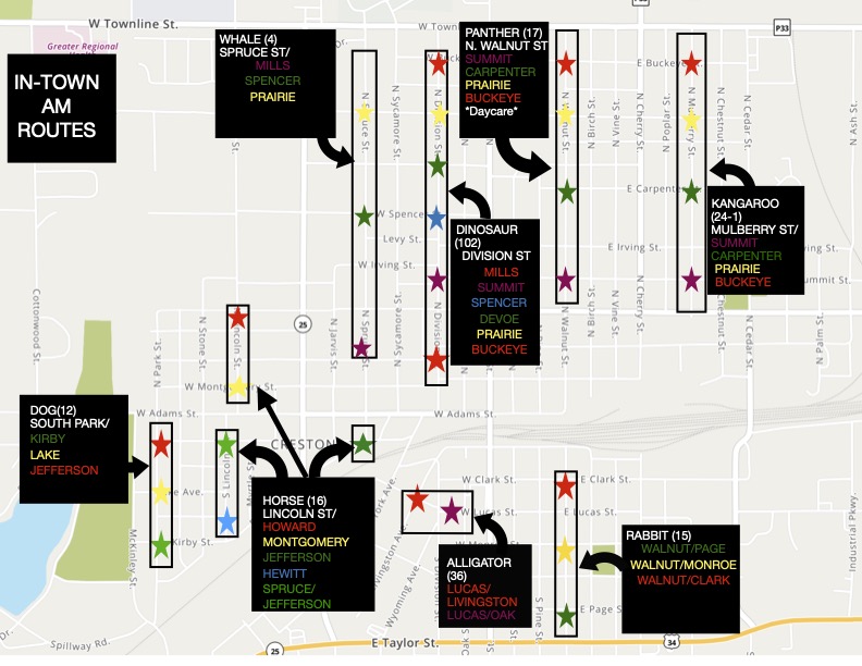 Map of in town bus stops for AM