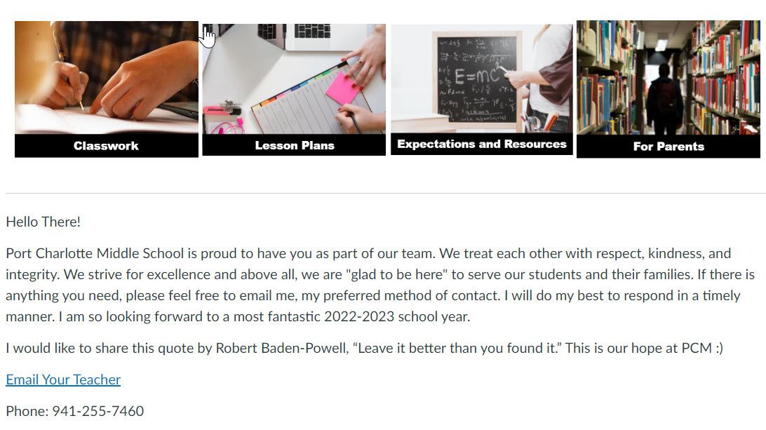 Sample of a teacher Canvas homepage.