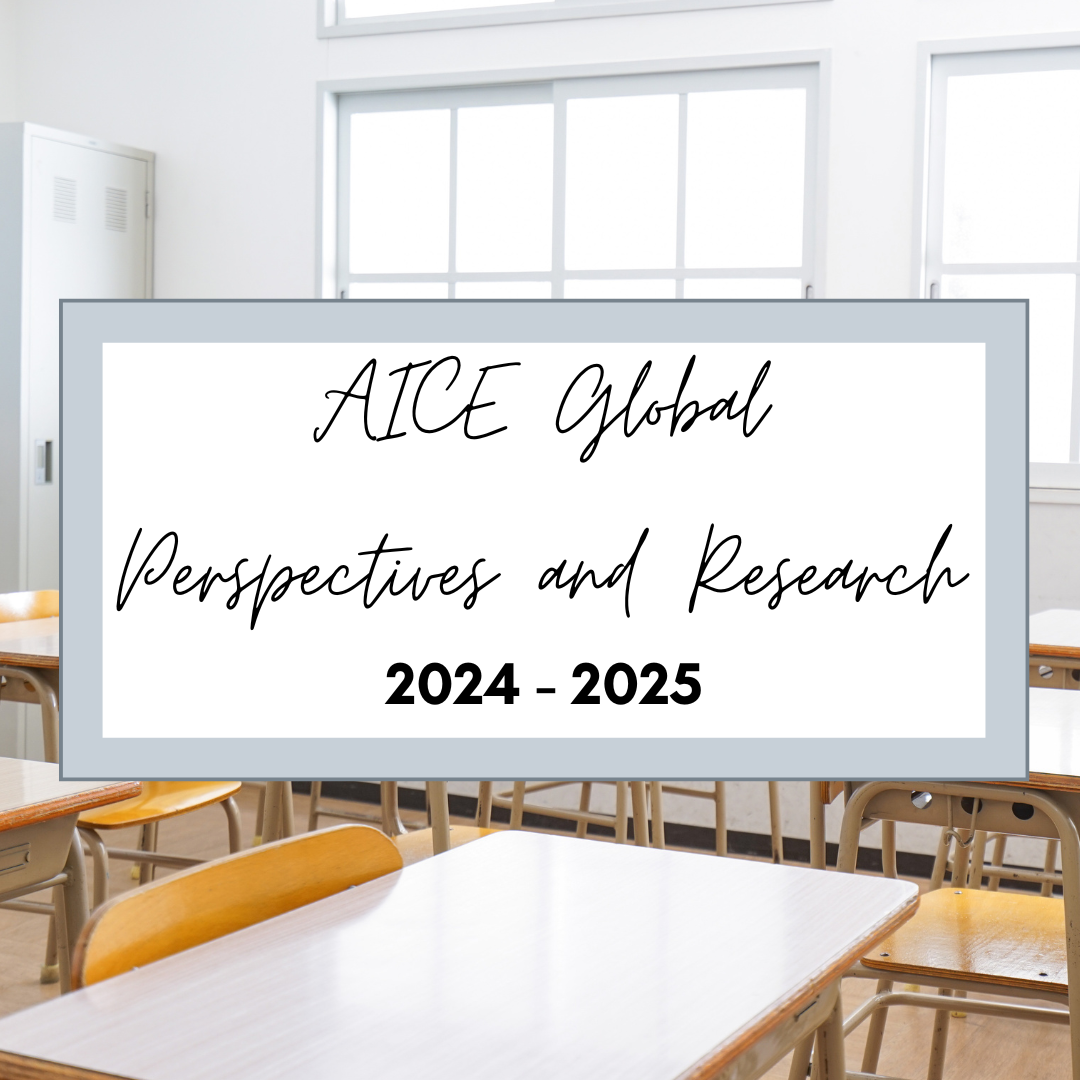 A welcome image showing a globe and the text "AICE Global Perspectives and Research"