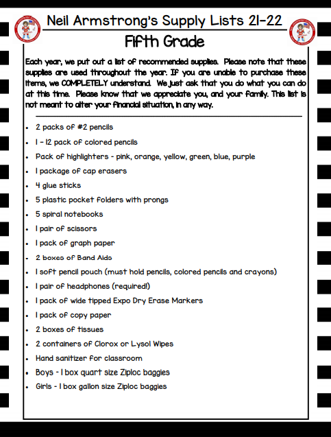 5th Grade Supply List 21-22