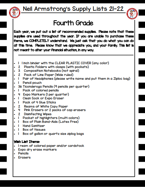 4th Grade Supply List 21-22