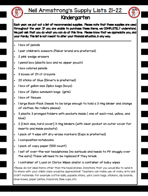 Kindergarten Supply List 21-22