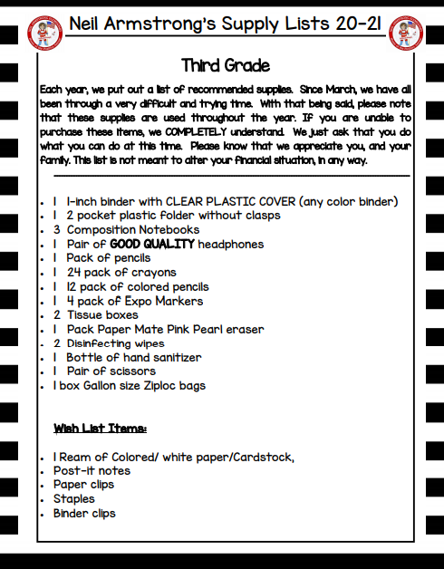 3rd Grade Supply List 21-22