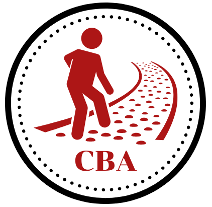 Connetquot Business Academy emblem, a red silhouette steps down a curved red path