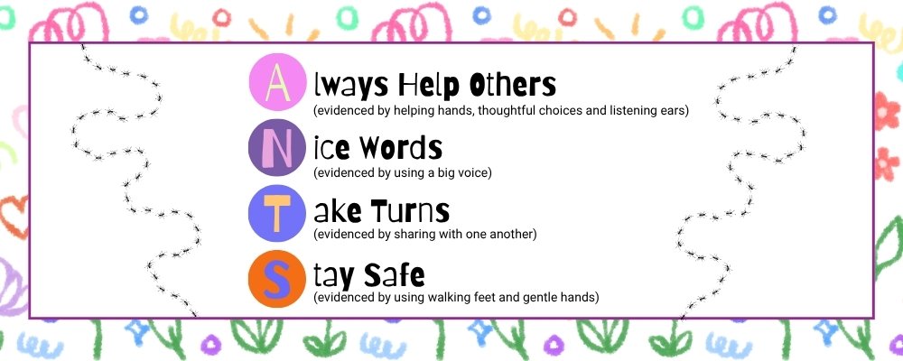 ANTS acronym poster with the words "Always help others, Nice words, Take turns, Stay safe"