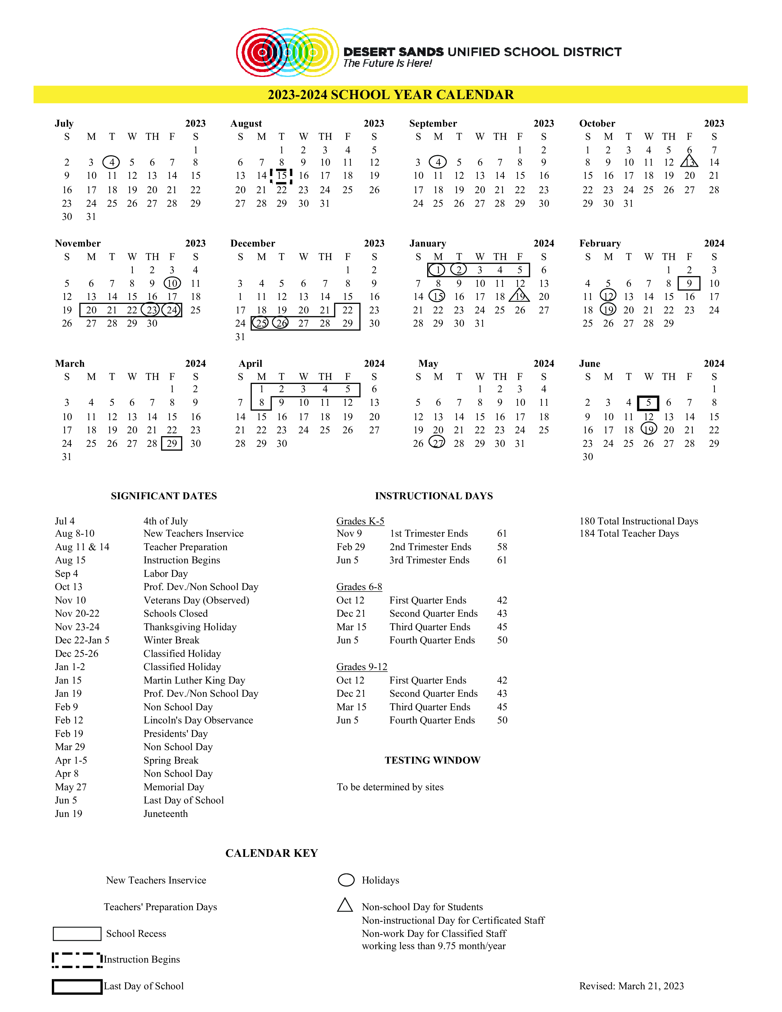 DSUSD School Year Calendar 2023-2024