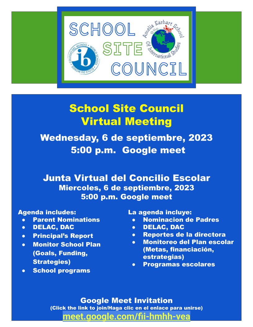 School Site Council Virtual Meeting Sept. 6, 2023