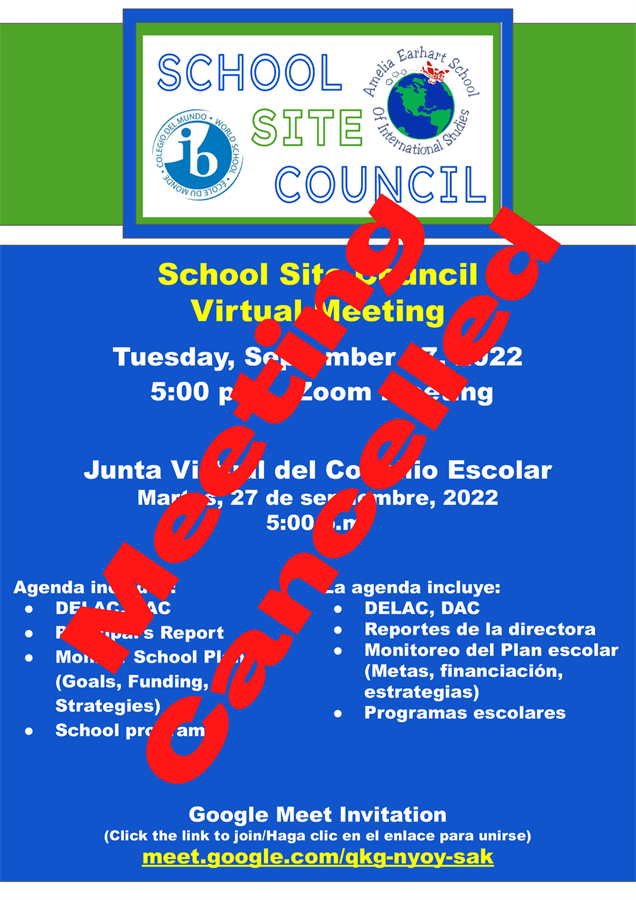 Cancelled - Virtual School Site Council Meeting 