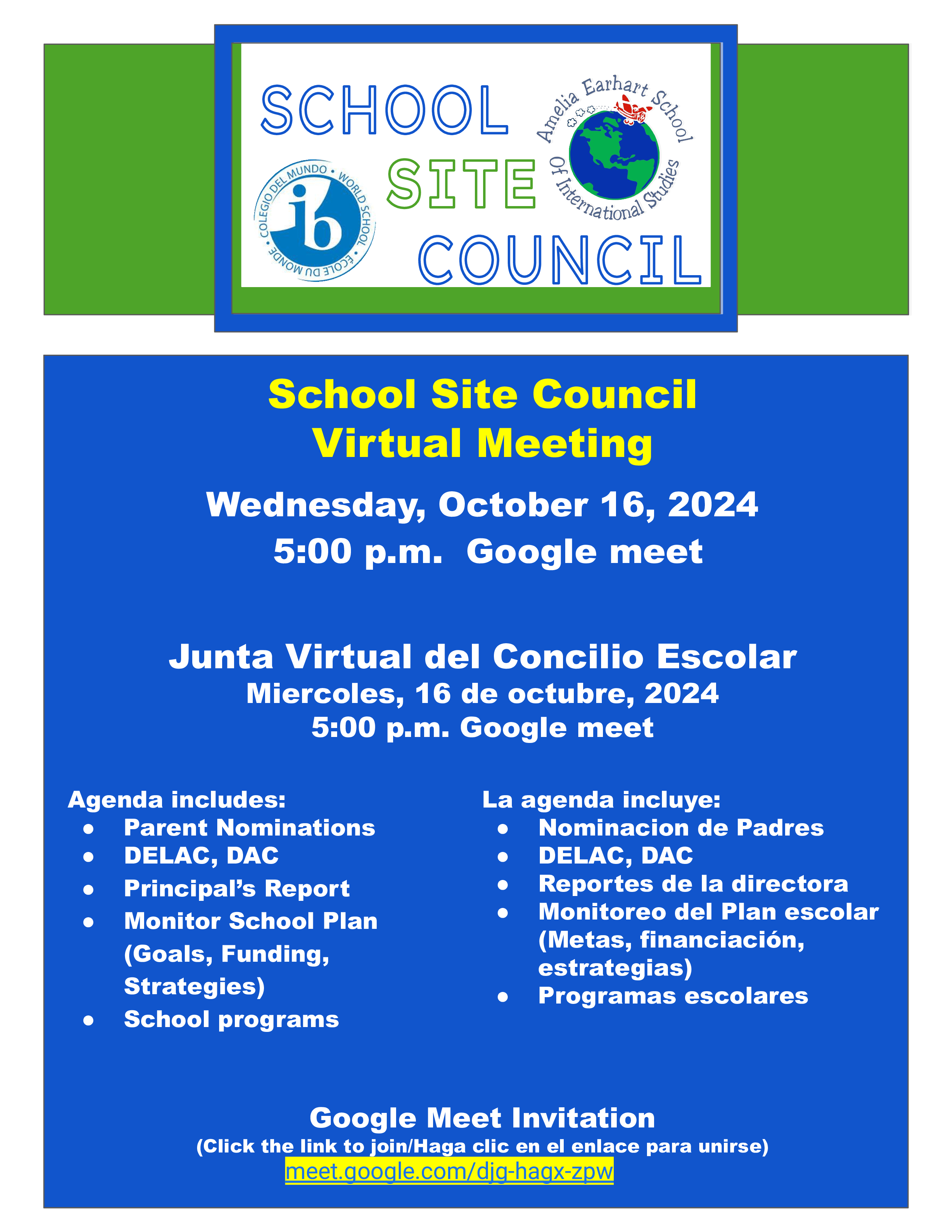 Virtual School Site Council Meeting Oct. 16, 2024 at 5:00pm.  