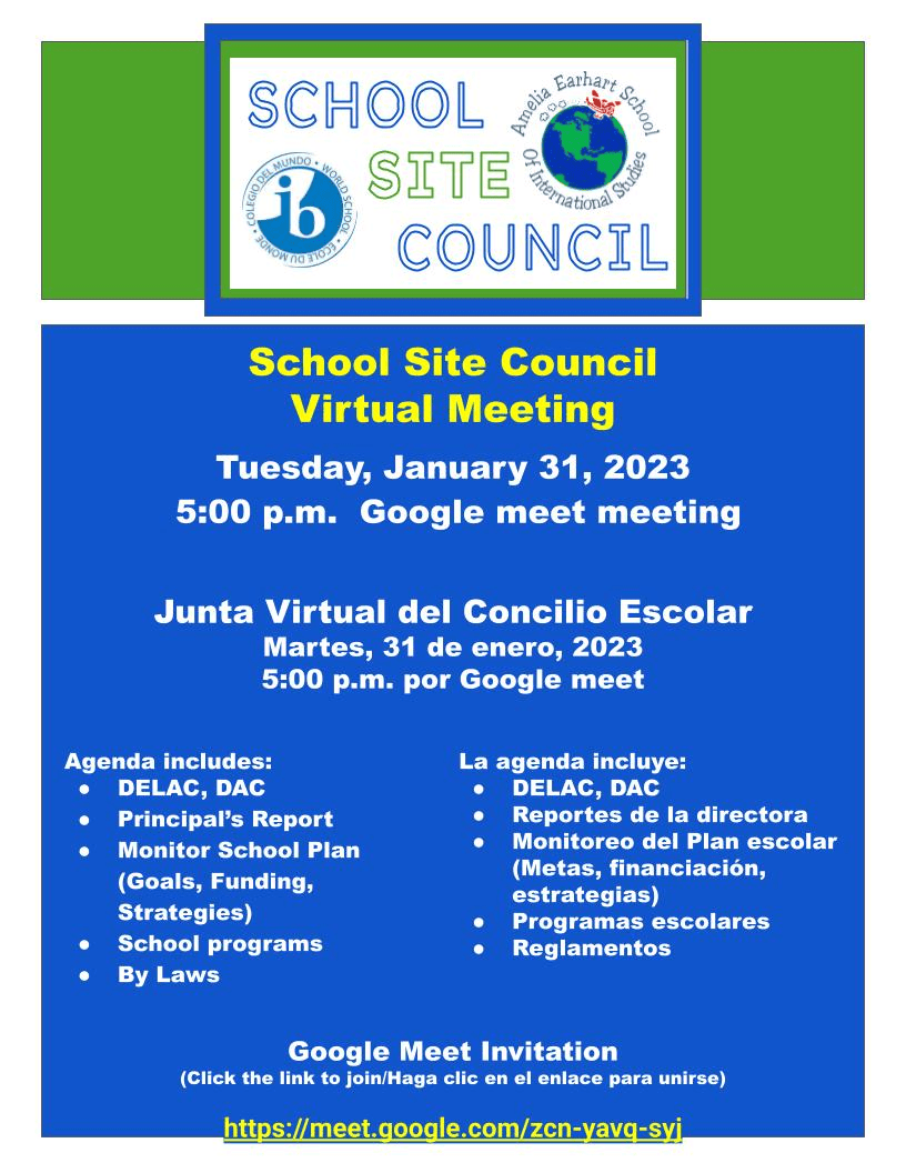 School Site Council Meeting - January 2023 Flyer