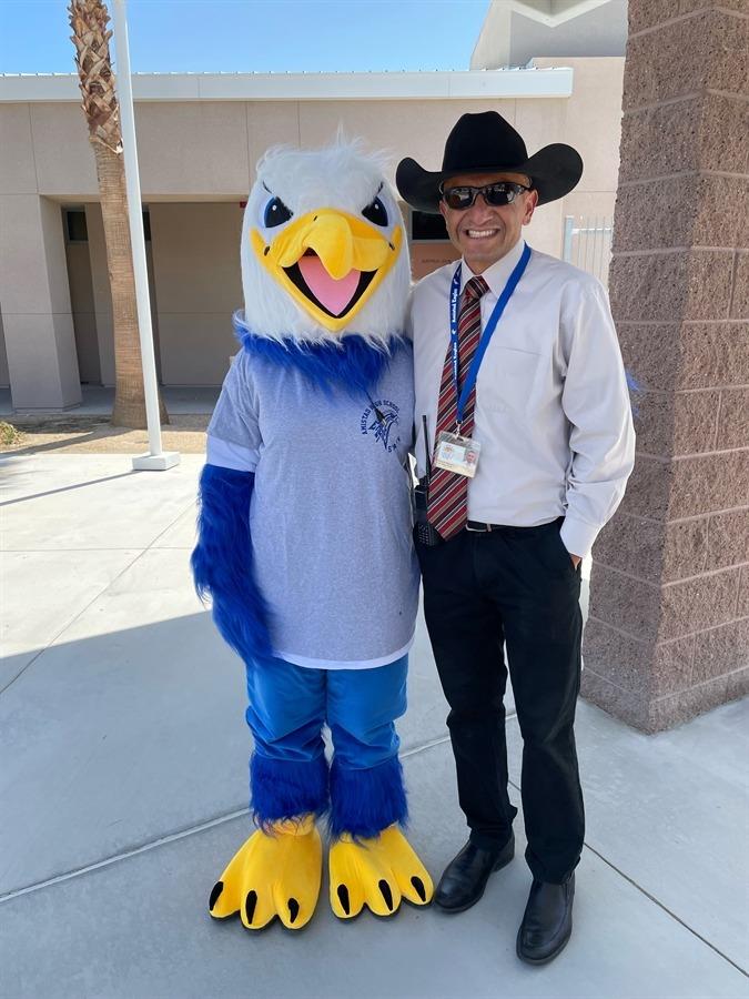 Mr. Pimentel with Eagle mascot Mr. Pimentel with Eagle mascot