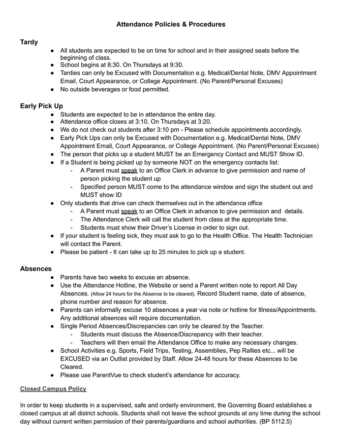 Attendance policy information