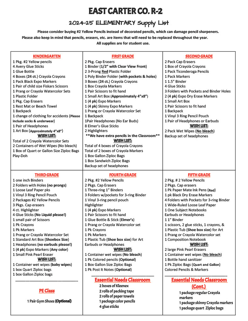 elementary supply list