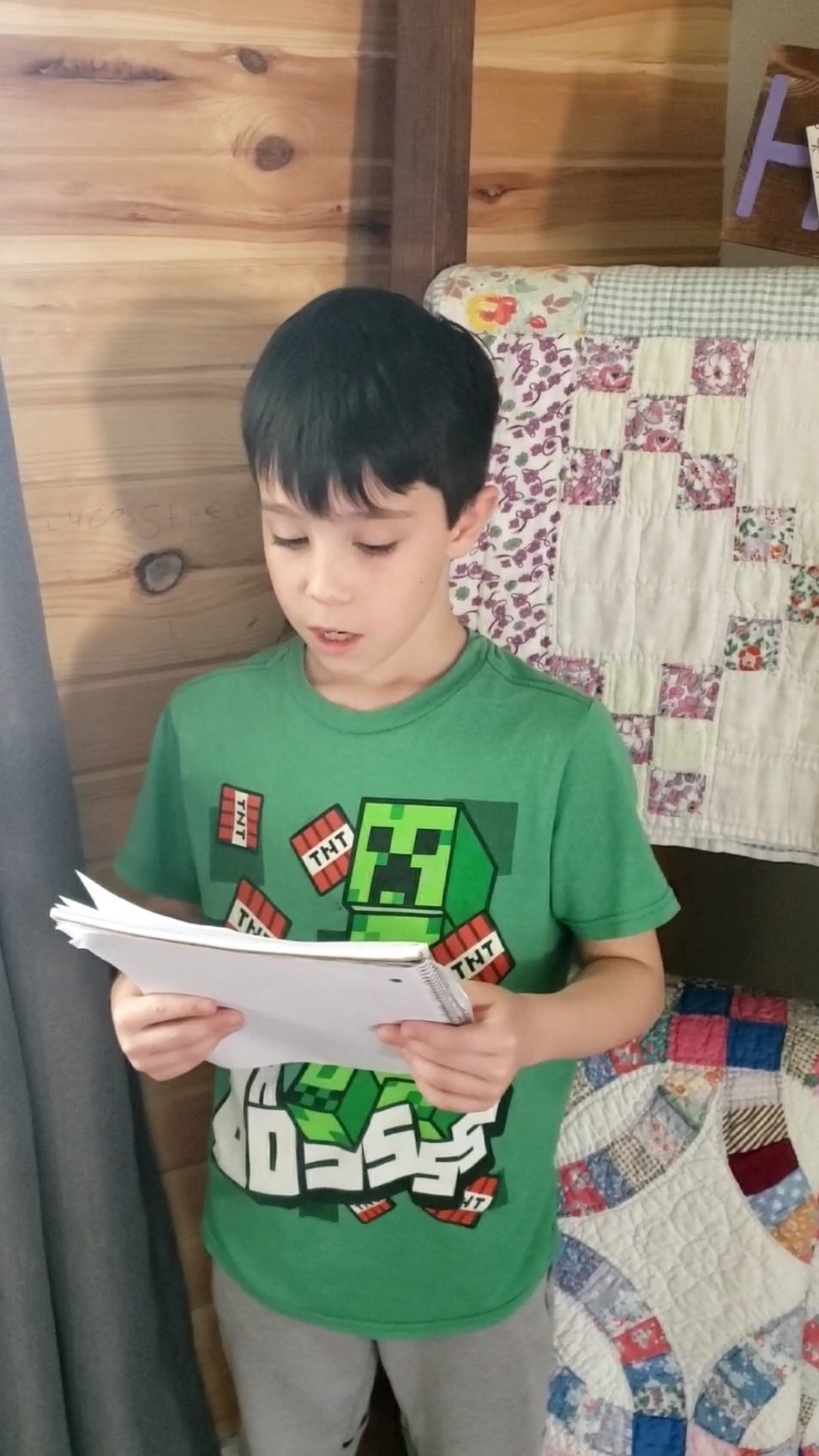 3rd grader Lucas giving oral report about his Famous Missourian to his teacher through remote learning during the COVID-19 school shutdown.