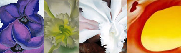 4 close-ups of paintings of flowers, side by side