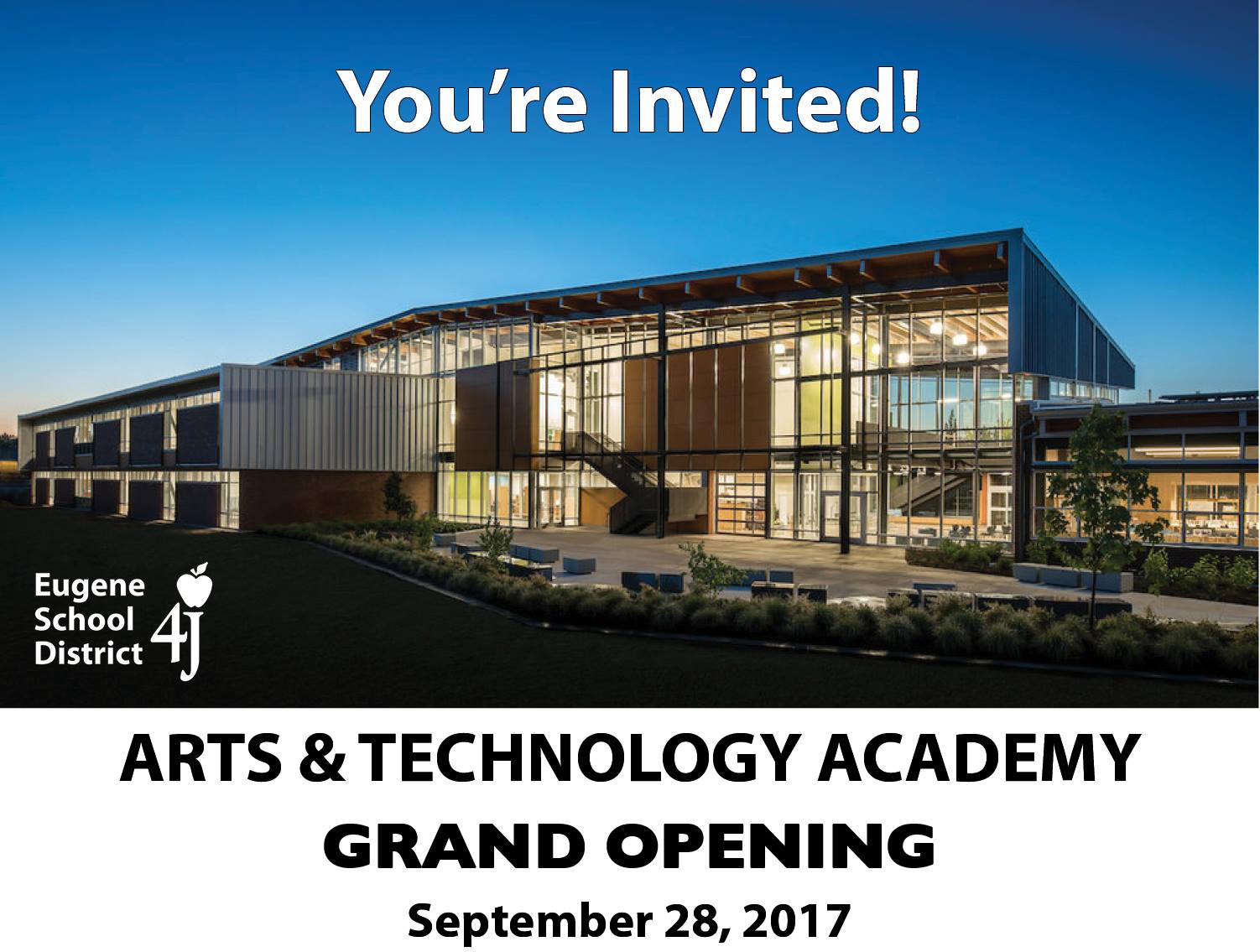 Grand opening invitation image showing the new Arts & Technology Academy at night.