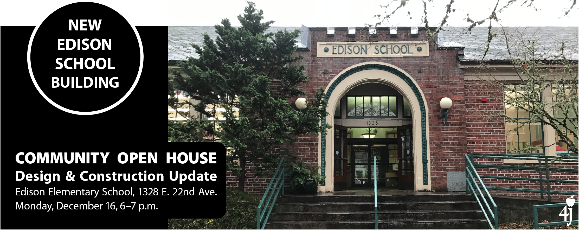 NEW EDISON SCHOOL BUILDING: COMMUNITY OPEN HOUSE • Design & Construction Update • Edison Elementary School, 1328 E. 22nd Ave. • Monday, December 16, 6–7 p.m.