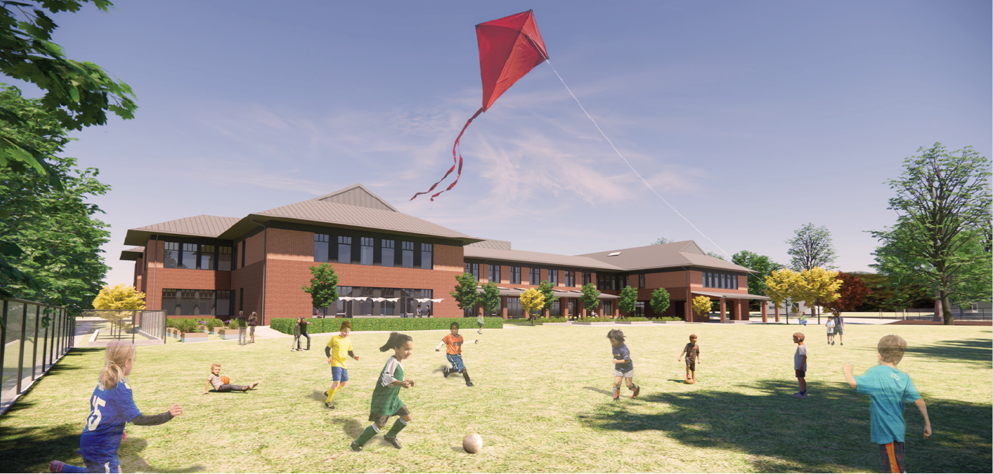 Edison design update: play field and south elevation of school.