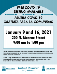 Lane County Public Health providing free COVID testing at 4J Education Center on January 9 and 16, 2021