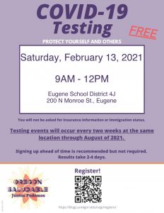 Free COVID-19 Testing Saturday, Feb. 13, 2021, at the 4J Education Center