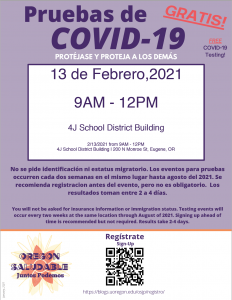 Pruebas de COVID-19 gratis para la comunidad el 13 de febrero, 2021