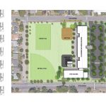 A color drawing of the preferred site plan with numerous considered orientations in black and white on the left hand side.