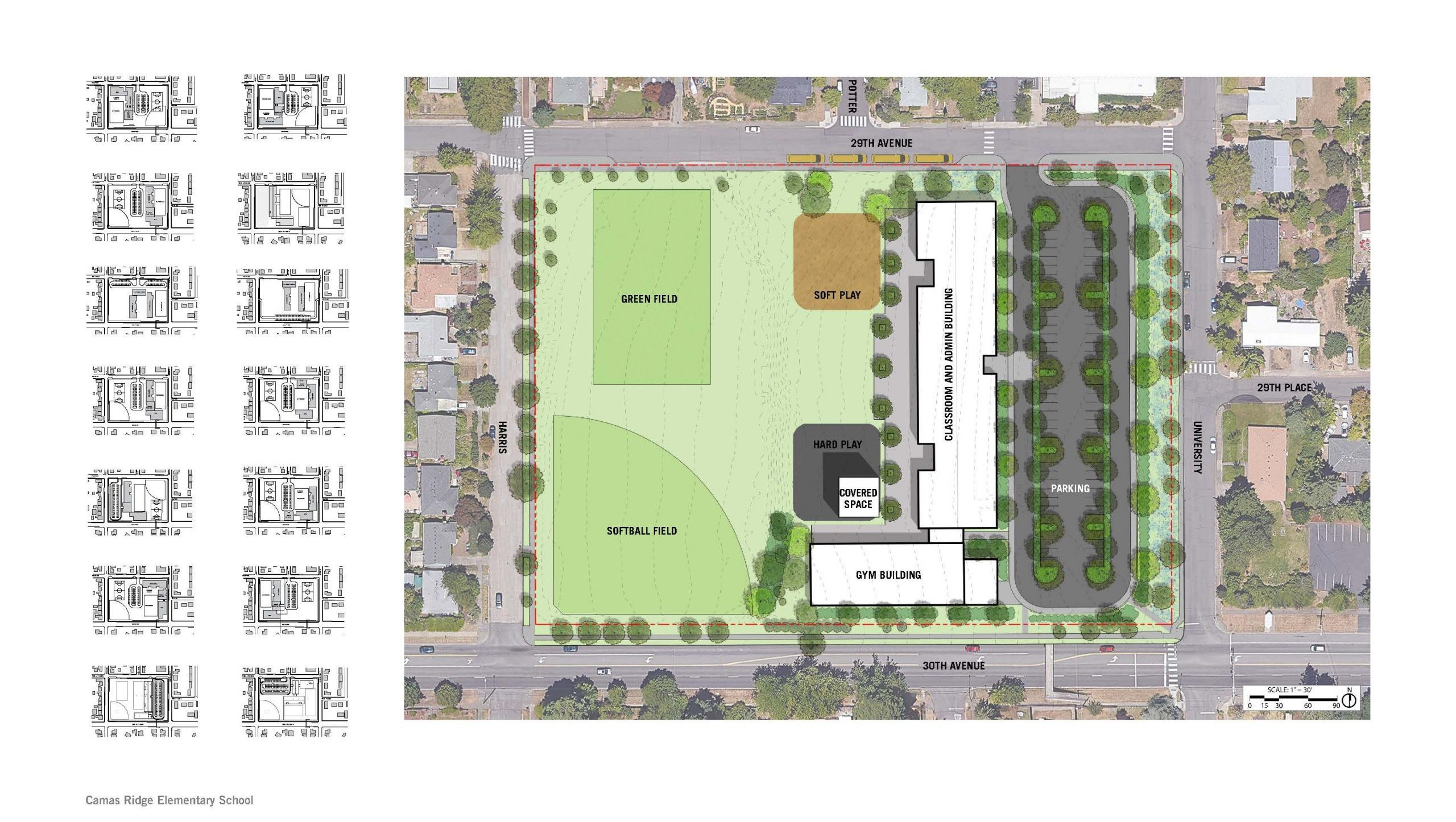 A color drawing of the preferred site plan with numerous considered orientations in black and white on the left hand side.