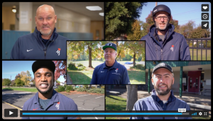 Freeze frame of program overview video, showing five of the disrict's campus safety and security monitors