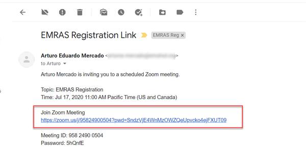 Screenshot of sample email received from EMRAS registrar 