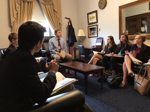 Fairport High School students in the Senior Leadership Seminar course meet with a government representative in Washington, D.C. during the Leadership trip in September. This group of students researched infectious diseases.