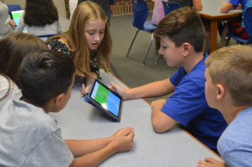 Elementary library students using iPad