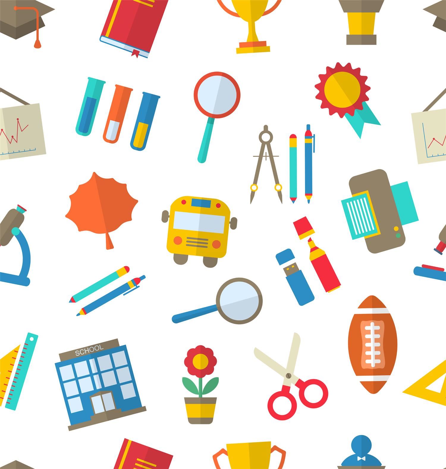  Pictures of school buses, pens, pencils, markers, school buildings, flowers, scissors, footballs