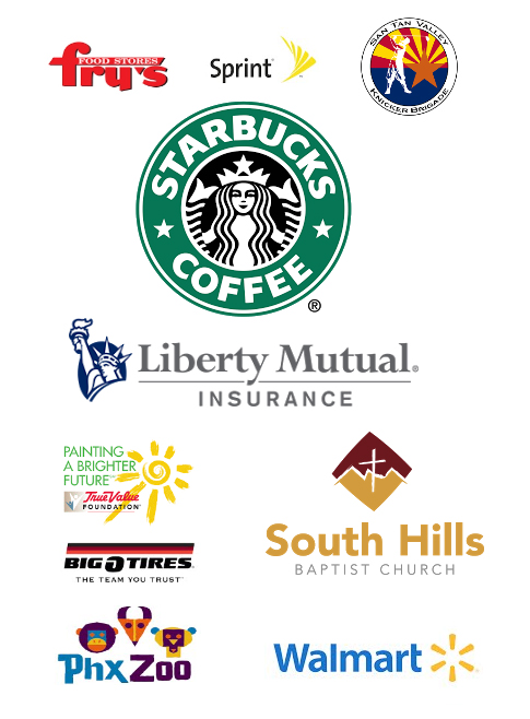 Logos,frys,sprint,knicker brigade,starbucks,liberty mutual,true value,bigOtires,SH baptist church,phx zoo,walmart