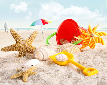 sand, beach, star fish, bucket, shovel, sunglasses