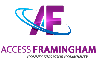  A purple A and F with a blue swoosh around them with the words Access Framingham below