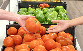  A hand from the left side handing a big red tomato to a hand from the right side over vegetables.