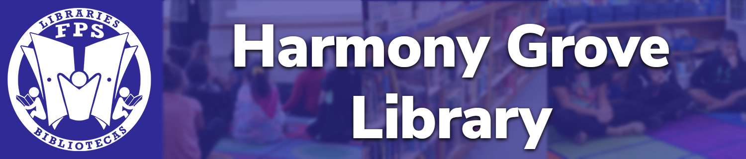 FPS Library Logo Harmony Grove Library on blue background with students in library