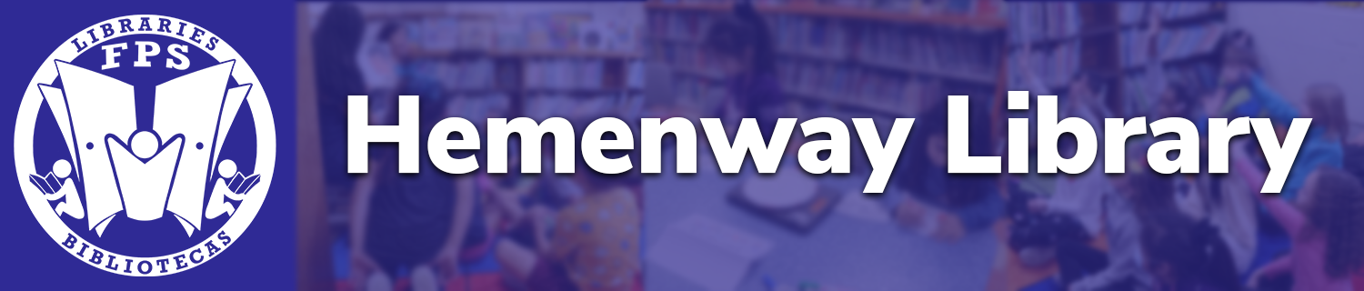 Banner with FPS library logo and picture of library that reads Hemenway Library