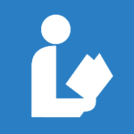 National library symbol of a white silhouette reading a book on a blue background