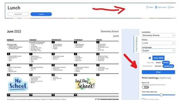 How to print lunch menus using Nutrislice