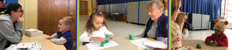 Three images of preschool screening with children playing with blocks and interacting with special education staff