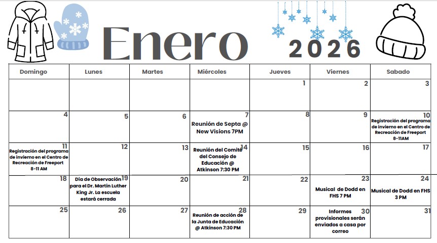 Enero de 2026 Bayview Avenue School Calendar