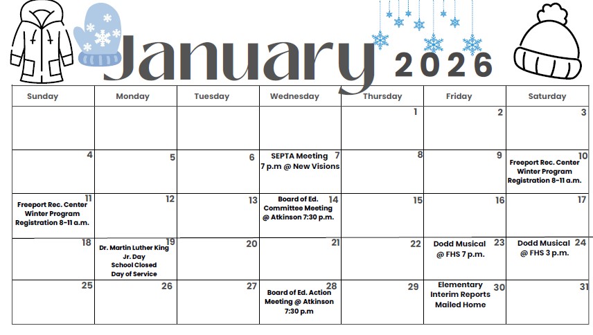 January 2026 Bayview Avenue School Calendar