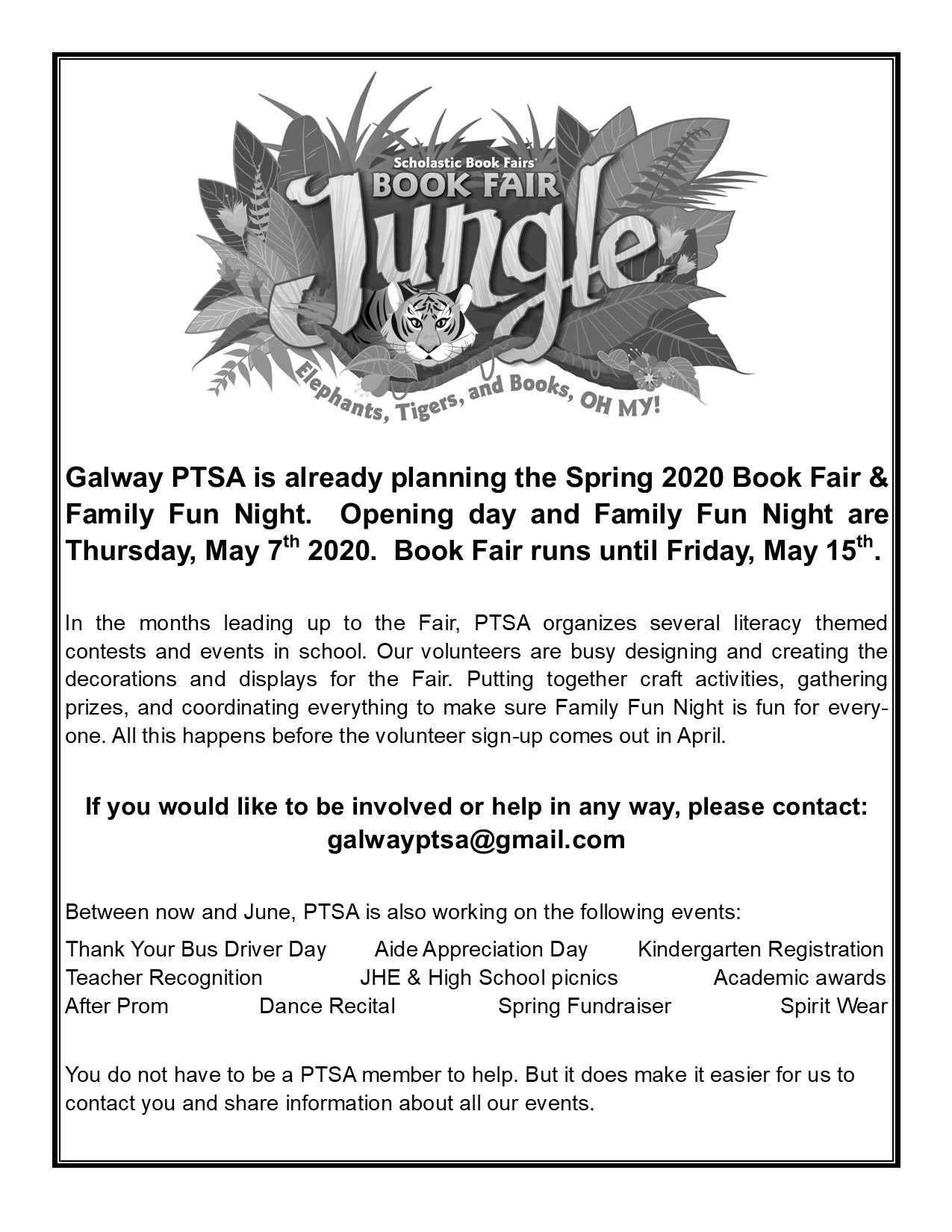 The Galway PTSA is looking for volunteers 💁🏻‍♀️💁‍♂️ 👀  You don't have to be a PTSA member to help. Many hands make light (and fun) work! 👍  Please email galwayptsa@gmail.com to get involved!