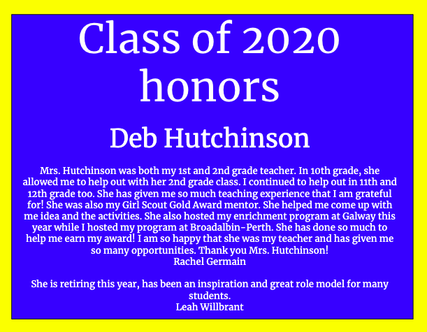 Class of 2020 Honors Mrs. Hutchinson